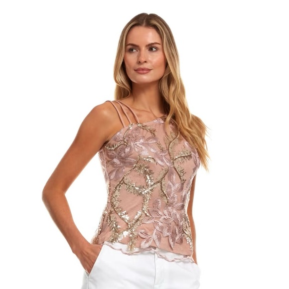 Embroidered Floral Asymmetrical Sequined Top in Blush - Picture 1 of 3